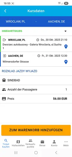 Fahrtdetails und in den Warenkorb legen